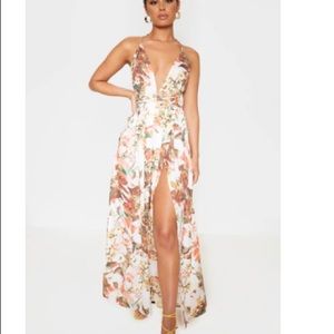 White Floral Print Chiffon Halterneck Maxi Dress